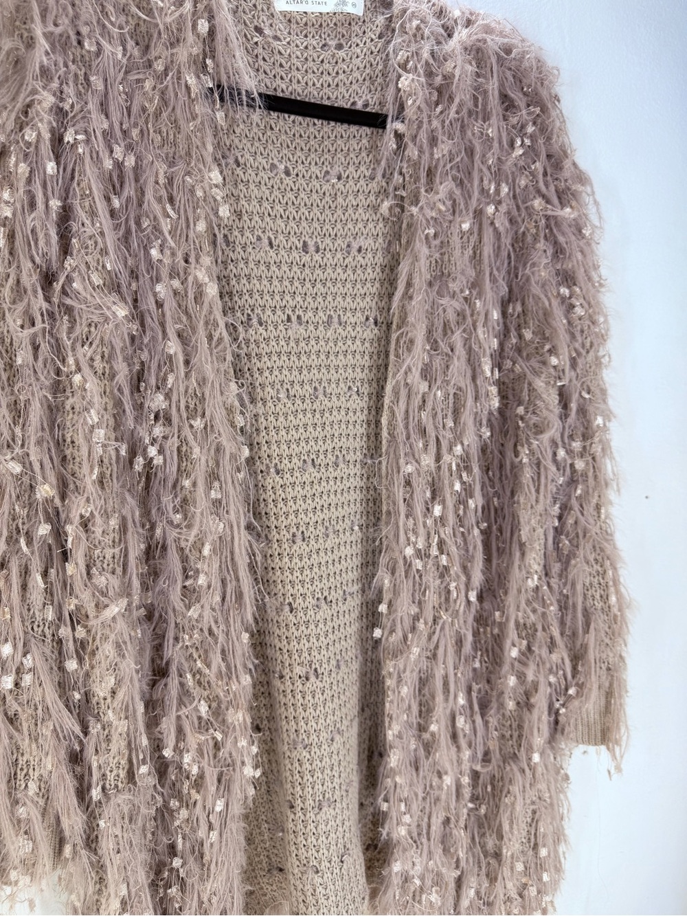 Altar'd State Blush Fringe Shag Cardigan Duster Layering Piece - Picture 2 of 7